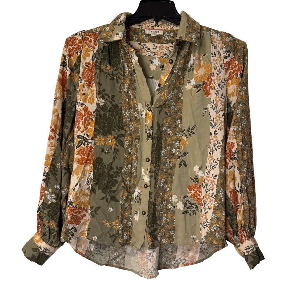 Andree by Unit Floral Patchwork Button Down Top M 70s Fall Bohemian Cottagecore